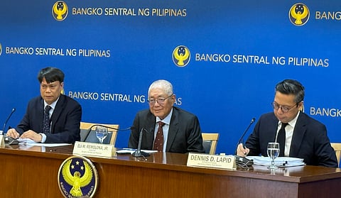 FROM left to right: Bangko Sentral ng Pilipinas Deputy Governor Zeno Abenoja, BSP Governor Eli M. Remolona Jr., and BSP Officer in Charge Dennis D. Lapid speak at the central bank's monetary policy briefing with members of the press at the BSP headquarters in Manila on Thursday, 19 February 2026.