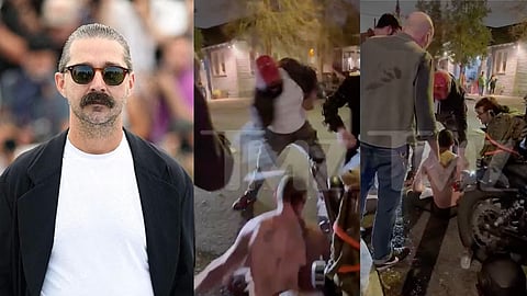 (Left) Shia LaBeouf. (Right) A TMZ exclusive footage shows LaBeouf being restrained by bystanders after allegedly attacking two men and using homophobic slurs during Mardi Gras in New Orleans.