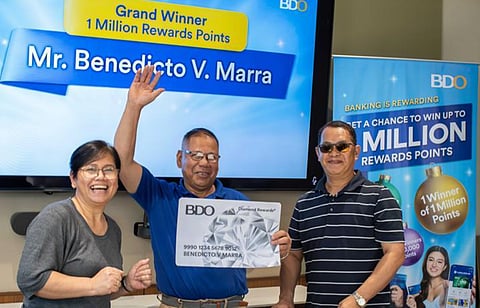 A MILLION REASONS TO COME HOME SMILING. After decades of tireless work as a mechanic in Saudi Arabia, long-time OFW and Kabayan Savings account holder, Benedicto Marra, celebrates with his family as he takes home 1 million pesos worth of Rewards Points from BDO.