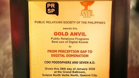 The Gold Anvil trophy awarded to CDO Funtastyk at the PRSP Anvil Awards.
