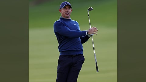 RORY McIlroy of Northern Ireland hits a shot on the 18th hole during the opening round of the 2026 Genesis Invitational at Riviera Country Club in Pacific Palisades, California.