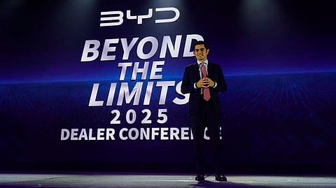 JAMIE Alfonso Zobel de Ayala, CEO of ACMobility, stands on stage at the BYD 2025 Dealer Conference in Okada Manila as the brand lays out its direction for the year.