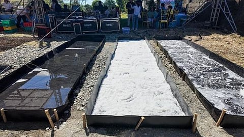 FROM left: The first bed shows clarified brine (from raw seawater) placed directly under the sun for solar radiation and wind evaporation, while the middle bed shows a finished salt product. The third bed, on the other hand, shows how salt begins to precipitate and form crystals.