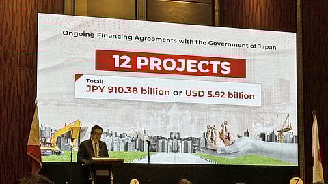 FINANCE Secretary Frederick Go delivers his keynote address as a slide highlighting 12 ongoing financing agreements with the Government of Japan is displayed during the 42nd PHILJEC-JPECC Joint Meeting at the Grand Hyatt Manila in Taguig City.