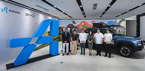 JAIME Alfonso Zobel de Ayala, CEO of ACMobility and DoT Secretary Christina Garcia-Frasco (center), are joined by Bob Palanca, managing director of BYD Cars Philippines, Carla Buencamino, head of Mobility Infrastructure at ACMobility, Dino Obias, chief marketing officer, ACMobility and Wil Dasovich, the lead navigator that will drive the ‘Drive Electric. Love Pinas’ Campaign.