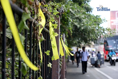 Yellow ribbons were seen tied along EDSA in Quezon City on Monday, 23 February 2026, ahead of the 40th EDSA People Power celebration.