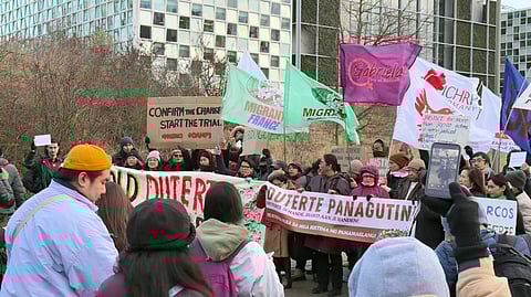 DUTERTE showdown Supporters of former President Rodrigo Duterte gather outside the International Criminal Court in The Hague on Monday, waving banners and chanting slogans in a show of solidarity as the court holds the confirmation of charges hearing over alleged crimes against humanity linked to his controversial war on drugs.