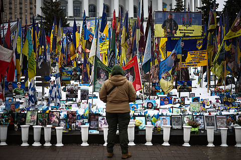 Four years of Ukraine war A person stands at a makeshift memorial for fallen Ukrainian and foreign soldiers in Independence Square on 23 February 2026, as the conflict with Russia reaches its four-year mark. Russia launched its full-scale invasion of Ukraine on 24 February 2022, triggering the deadliest war in Europe since World War II.