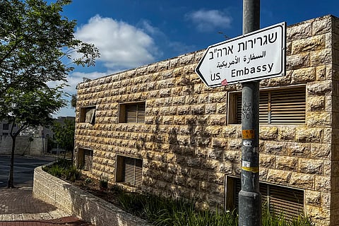A road sign shows the way toward the U.S. Embassy in Jerusalem.