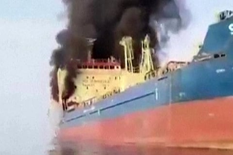 GULF fire rages The Palau-flagged tanker Skylight burns off Oman’s Musandam Peninsula after being struck, as US-Israel attacks on Iran ignite wider regional retaliation.