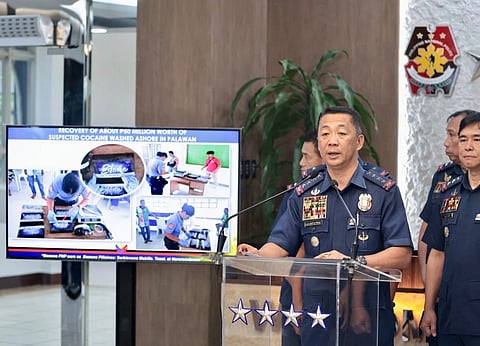 The Philippine National Police chief Police General Jose Melencio C. Nartatez Jr. address police officers at the PNP National Headquarters Lobby in Camp Crame as he presents an overview of the country’s current crime landscape and underscored the PNP’s sustained efforts and accomplishments in key operational campaigns.
