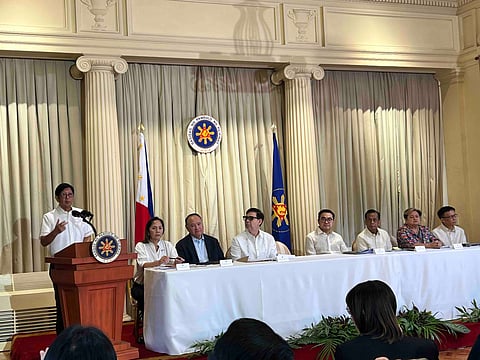 President Ferdinand Marcos Jr. (left), on Tuesday, was joined by a few cabinet members in Malacanang Palace to update reporters on the interventions that would be done by the government once the conflict in the Middle East worsens.