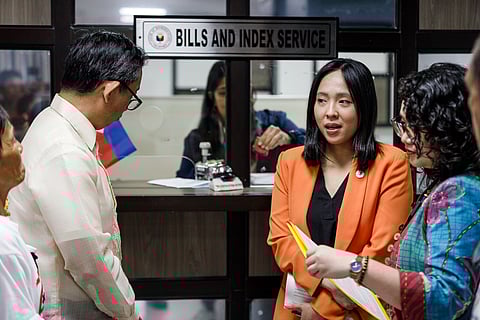 LAWMAKERS from the Makabayan bloc ACT Teachers Party-list Rep. Antonio Tinio, Gabriela Party-list Rep. Sarah Elago, and Kabataan Party-list Rep. Renee Co. (from left to right)