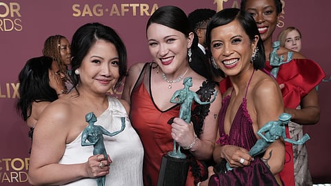 Isa Briones, Amielynn Abellera and Kristin Vilanueva celebrate their Outstanding Performance by an Ensemble in a Drama Series win for The Pitt at the 32nd Actor Awards at the Shrine Auditorium.
