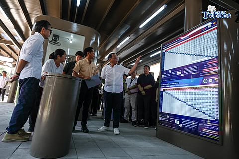 President Ferdinand "Bongbong" Marcos, Jr. together with first lady Liza Marcos, son Vincent Marcos, Department of Public Works and Highways Secretary Vince Dizon, and Department of Transportation Secretary Giovanni Lopez during their site visit in the EDSA-Kamuning station in Quezon City this Thursday.