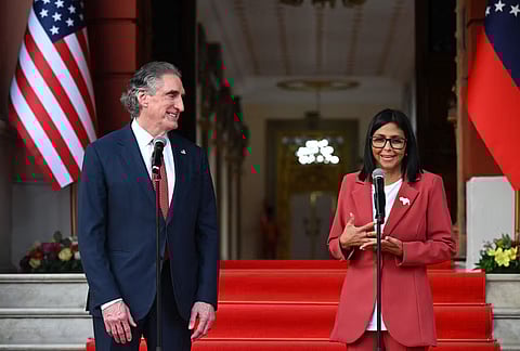 Venezuela’s interim president Delcy Rodriguez speaks alongside US Interior Secretary Doug Burgum after their meeting at the Miraflores Presidential Palace in Caracas, Venezuela, on March 4, 2026.