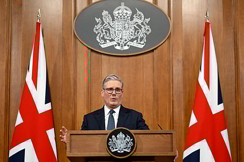 Britain's Prime Minister Keir Starmer speaks as he makes a statement from Downing Street in central London on March 5, 2026, in relation to the US-Israel war with Iran. Britain is sending four additional Typhoon jets to Qatar amid the widening war in the Middle East, Prime Minister Keir Starmer announced on Thursday. The fighter planes will join an existing UK squadron in the Gulf state, a key energy provider, "to strengthen our defensive operations in Qatar and across the region", Starmer told a news conference.