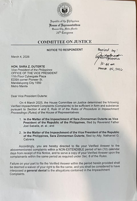 Notice to VP Sara Duterte impeach