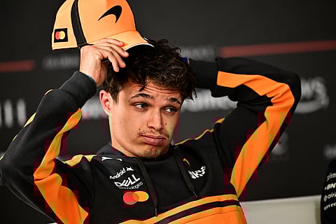 BRITISH racer Lando Norris answers questions at a press conference during testing in Sakhir.