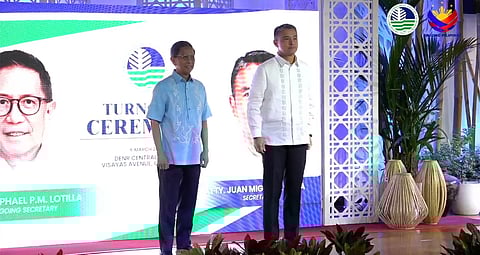 SCREEN grab from the Department of Environment and Natural Resources stream of the turnover ceremony of leadership from Atty. Raphael Lotilla to Atty. Juan Miguel Cuna in Quezon City this Friday.