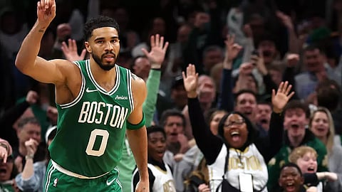 JAYSON Tatum celebrates scoring in Boston's win over Dallas after making his first start since suffering an Achilles injury 10 months ago