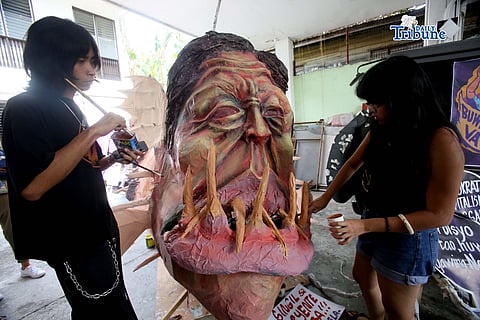 Ahead of the celebration of International Women’s Day, artists from Gabriela put the finishing touches on an effigy titled “Mga Big Fish ng Korapsyon: President Ferdinand Marcos Jr. and Vice President Sara Duterte” in preparation for their rally event at Liwasang Bonifacio in Manila, highlighting issues of corruption and governance, on Saturday, 07 March 2026.