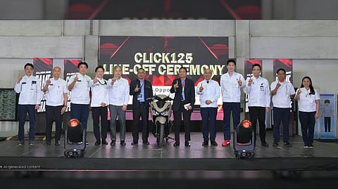 HONDA executives, guests, and Board of Investments officials gather at the Batangas plant for the Click125 line-off ceremony that marks the start of localized engine production. Shown are (from left) Mr. Motomasa Komori, vice president–Finance Division, Honda Philippines Inc. ; Mr. Jomel Jerezo, vice president–MC Sales Office and Supply Chain Management Division, HPI; Mr. Kohei Yamamoto, executive vice president – Manufacturing Division, HPI; Mr. Hikaru Yokomura, chief engineer, LPL, Honda R&D Southeast Asia; Mr. Taguchi Tetsuro, Strategy Division, Honda Motor Co., Ltd.; Mr. Elvin Garcia, acting division chief, Heavy Industries Division, Manufacturing Industries Service; Mr. Reynaldo Lignes, acting director, Manufacturing Industries Service, Board of Investments; Mr. Junichiro Imamura, general manager, Honda Motor Co., Ltd.; Mr. Takeshi Kobayashi, president, Honda Philippines Inc.; Mr. Seiki Futagoishi, president, Honda Parts Manufacturing Corp. (HPMC); Mr. Juan Gerry Datario, assistant vice president, Administration Division, HPI; and Ms. Maria Fe Quijano, assistant vice president, Finance, HPI.