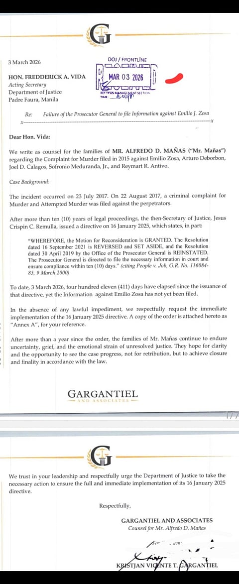 RELATIVES of Enrique Manas Sr. sent a letter of appeal to Acting Justice Secretary Fredderick Vida to implement a stalled directive for trial.