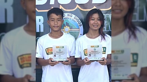 FRANCINE Wong (right) poses with co-MVP awardee Julius Otoc after a dominant performance in the MJFC Digos City National Junior Tennis Championships over the weekend.