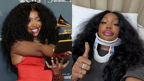 SZA shows off her neck brace as she recovers from two herniated discs, a reminder of the grueling injury that led her to spend 30 days meditating and practicing yoga at an Indian ashram.