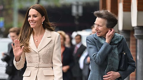 A snapshot from 2022 shows Catherine, Princess of Wales alongside Anne, Princess Royal, capturing a poised moment between the two senior members of the British royal family.