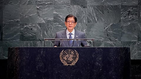 President Ferdinand "Bongbong" Marcos Jr. delivers remarks during the Special Plenary Meeting of the United Nations General Assembly at United Nations Headquarters in New York City on 10 March 2026.