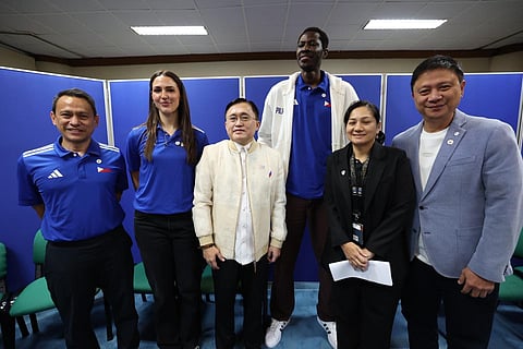 SENATOR Christopher ‘Bong’ Go (center) has been lending a helping hand to Filipino athletes, including naturalization prospects Malick Diouf (third from right) and Elizabeth Means (second from left). Also shown are PSC chairman Patrick Gregorio (right), SBP executive director Erika Dy (second from right) and SBP 3x3 program director Ryan Gregorio.