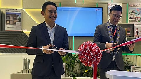 FROM left, Khun Chanon Sangkaew, manager of the Construction Value Creation Department, and Rangsant Srimangkorn, minister and deputy chief of mission of the Royal Thai Embassy, unveil the SCG Greenovation booth during WORLDBEX 2026 at the World Trade Center Manila.