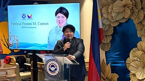 OWWA Administrator Patricia Yvonne “PY” Caunan welcomes seafarers and their families during the grand launch of the Seafarers’ Wellness Center, a new facility offering legal, medical and welfare services for Filipino maritime workers and their families.