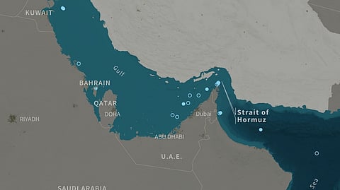 MAP of the Gulf and the Strait of Hormuz showing incidents and attacks on commercial ships between 28 February and 13 March at 1600 GMT.