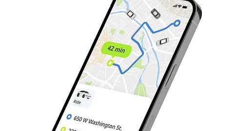 APP interface shows a ride-hailing route, trip time estimate, and the option for users to find a nearby driver.