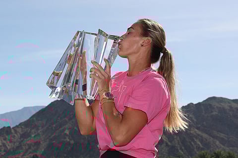 ARYNA Sabalenka celebrates after beating Elena Rybakina, 3-6, 6-3, 7-6 (8/6), to rule the women’s event of the Indian Wells Open in California.
