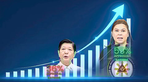 ILLUSTRATION shows President Ferdinand Marcos Jr. stuck with a negative approval and trust rating while Vice President Sara Duterte retains stronger public support, underscoring a widening gap in how Filipinos view the country’s two top leaders.