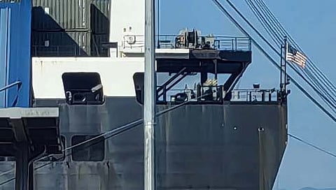 A US Navy logistics ship docks at Gate 6 of Macabalan Port in Cagayan de Oro City ahead of joint disaster response training exercises between US and Filipino troops.