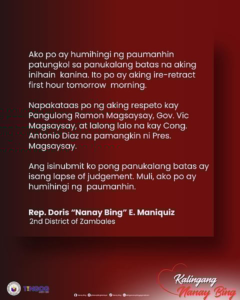 Zambales Rep. Doris “Nanay Bing” Maniquiz says she will retract a bill seeking to rename President Ramon Magsaysay State University after backlash from Zambaleños.