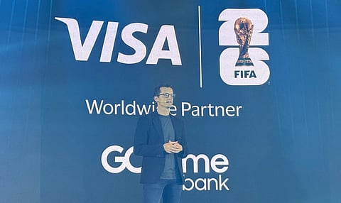 GOTYME Bank CEO Nate Clarke speaks at the launch of the digital bank's latest partnership with Visa and the 2026 FIFA World Cup at Whitespace Manila on Wednesday, 18 March.