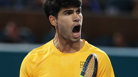 CARLOS Alcaraz celebrates after booking a 6-4, 6-4 victory over Joao Fonseca to reach the third round of the Miami Open men’s singles event.