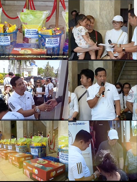 Bulacan Governor Daniel R. Fernando leads aid distribution to 8 repatriated OFWs from the Middle East at the Capitol on 23 March. Each gets P10k cash, rice, food packs & fruits.