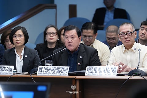 At a Senate hearing on Thursday, 26 March, Petron Corporation general manager Lubin Nepomuceno (middle) stressed that sourcing crude and finished products continues to become 'very challenging' amid the ongoing United States-Israel conflict with Iran.
