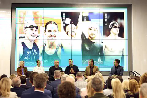 INGLEWOOD, CALIFORNIA - FEBRUARY 25: (L-R) Susie O'Neill, Emma McKeon, Michael Klim, Ian Thorpe, Gary Hall Jr., and James Bracey at the Australian Olympic Committee Launch of Road to LA28 at SoFi Stadium on February 25, 2026 in Inglewood, California.