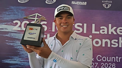JUSTIN Quiban shows off his trophy after winning the 2026 ICTSI Lakewood Championship at Lakewood Golf & Country Club in Cabanatuan City on Friday.