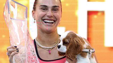 ARYNA Sabalenka celebrates after pulling off a 6-2, 4-6, 6-3 win over Coco Gauff to win the women’s singles event of the Miami Open.