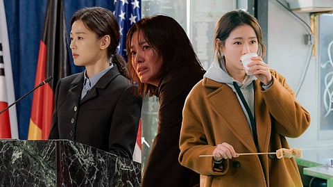 JUN Ji Hyun is a diplomat-turned-strategist in ‘Tempest.’, Song Hye Kyo in ‘The Glory.’, and Son Hye Jin in ‘Something in the Rain.’ (left to right)