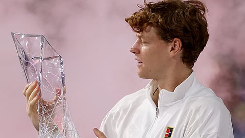 JANNIK Sinner lifts the trophy after beating Jiri Lehecka 6-4, 6-4 to win the ATP Miami Masters 1000 crown on Sunday.